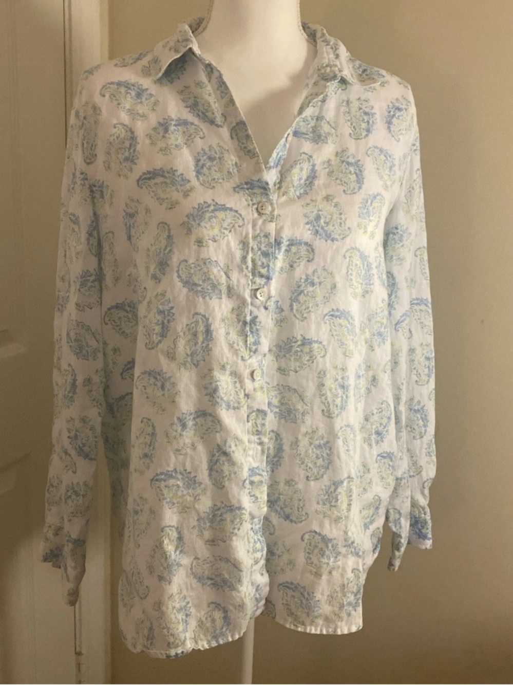 J. Jill White Linen Shirt with Blue & Yellow Floral Print